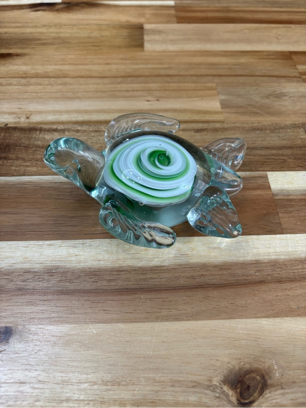 Handmade Glass Turtle Paperweight with Green Swirl